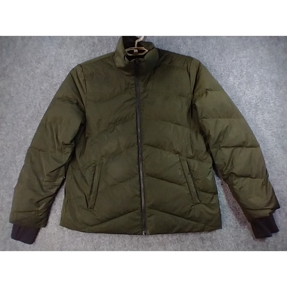 Theory Mens Stand Puffer City Poly Jacket Army Green Down Quilted Coat Small